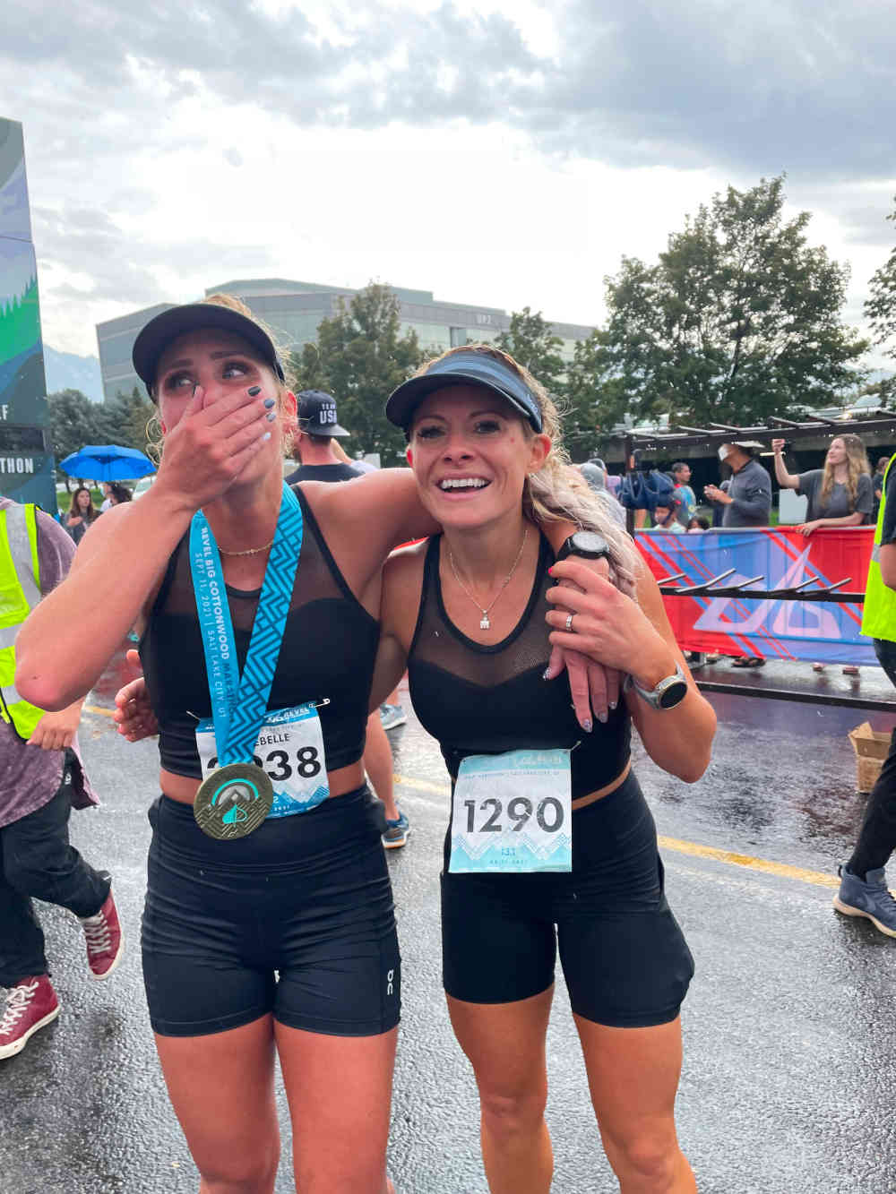 Excited marathon race finishers